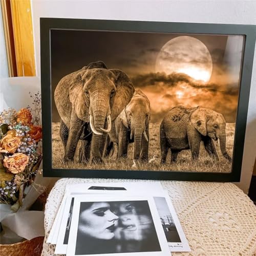 Hoonjiin Sonnenuntergang Elefanten Diamond Painting Erwachsene,5D Tiere DIY Diamant Painting Bilder,Full Round Drill Diamant Malerei Set Wanddekoration - 50x80cm von Hoonjiin