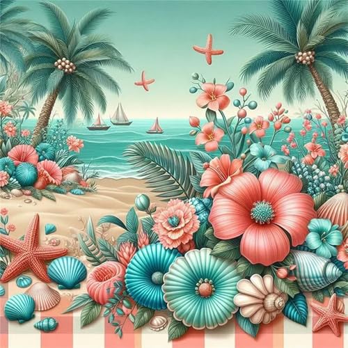 Hoonjiin Strandblumen Diamond Painting,5D DIY Segelboot-Landschaft Diamant Painting Bilder,Diamond Painting Set für Erwachsene,für Geschenk Zuhause Wanddekoration - Square Drill,40x40cm von Hoonjiin