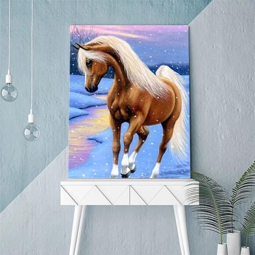 Hoonjiin Tier Pferd Diamond Painting,5D DIY Verschneite Landschaft Diamant Painting Bilder,Diamond Painting Set für Erwachsene,für Geschenk Zuhause Wanddekoration Square Drill - 50x80cm von Hoonjiin