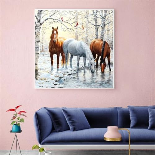 Hoonjiin Winterfluss Diamond Painting,5D DIY Pferde Diamant Painting Bilder,Diamond Painting Set für Erwachsene,für Geschenk Zuhause Wanddekoration Square Drill - 100x100cm von Hoonjiin