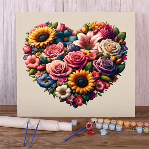 Malen Nach Zahlen Erwachsene,DIY Blumenherz Paint by Numbers Kit mit Pinseln und Acrylfarben Handgemalt Ölgemälde Leinwand für Home Decor Mit Rahmen - 30x30cm von Hoonjiin