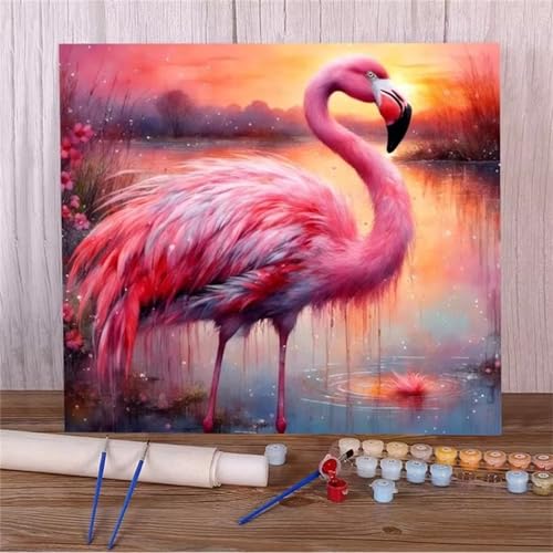 Malen Nach Zahlen Erwachsene,DIY Flamingo-Fluss Paint by Numbers Kit mit Pinseln und Acrylfarben Handgemalt Ölgemälde Leinwand für Home Decor Mit Rahmen - 40x40cm von Hoonjiin