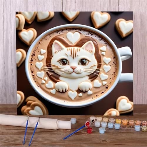 Malen Nach Zahlen Erwachsene,DIY Katzenkaffee Paint by Numbers Kit mit Pinseln und Acrylfarben Handgemalt Ölgemälde Leinwand für Home Decor Mit Rahmen - 30x30cm von Hoonjiin