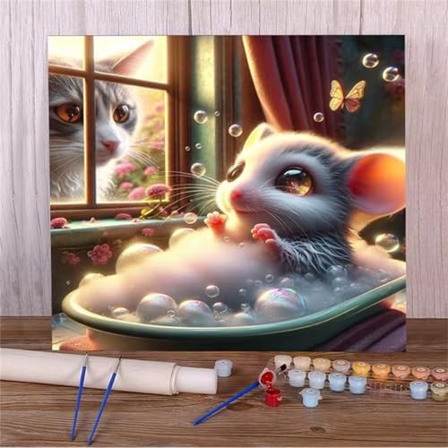 Malen Nach Zahlen Erwachsene,DIY Katzenmaus Paint by Numbers Kit mit Pinseln und Acrylfarben Handgemalt Ölgemälde Leinwand für Home Decor Mit Rahmen - 30x30cm von Hoonjiin