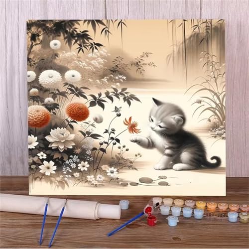 Malen Nach Zahlen Erwachsene,DIY Katzenpflanze Paint by Numbers Kit mit Pinseln und Acrylfarben Handgemalt Ölgemälde Leinwand für Home Decor Mit Rahmen - 40x40cm von Hoonjiin