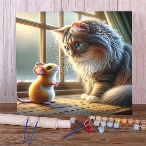 Malen Nach Zahlen Erwachsene,DIY Mauskatze Paint by Numbers Kit mit Pinseln und Acrylfarben Handgemalt Ölgemälde Leinwand für Home Decor Mit Rahmen - 30x30cm von Hoonjiin