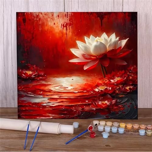 Malen Nach Zahlen Erwachsene,DIY Roter Lotus Paint by Numbers Kit mit Pinseln und Acrylfarben Handgemalt Ölgemälde Leinwand für Home Decor Mit Rahmen - 30x30cm von Hoonjiin