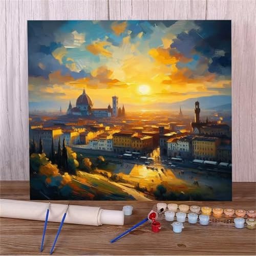 Malen Nach Zahlen Erwachsene,DIY Sonnenuntergangsstadt Paint by Numbers Kit mit Pinseln und Acrylfarben Handgemalt Ölgemälde Leinwand für Home Decor Mit Rahmen - 30x30cm von Hoonjiin