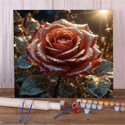 Malen Nach Zahlen Erwachsene,DIY Sonnige Rose Paint by Numbers Kit mit Pinseln und Acrylfarben Handgemalt Ölgemälde Leinwand für Home Decor Mit Rahmen - 30x30cm von Hoonjiin