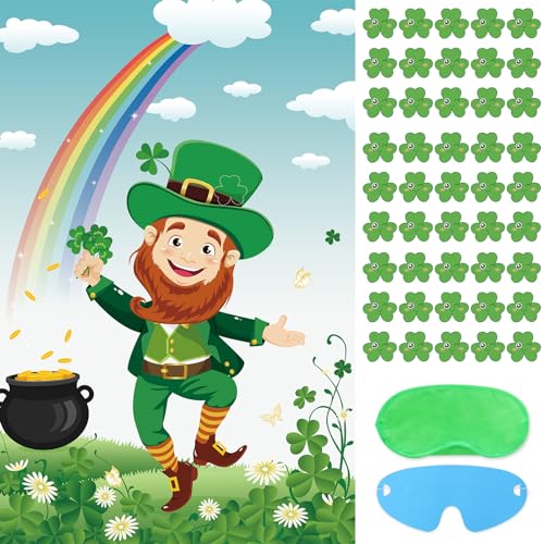 Pin The Shamrock on The Green Hat St. Patricks Day Partyspiel für Kinder, St. Patricks Day, Partyzubehör, Happy St. Patricks Day, Partyzubehör, großes St. Patricks Day Poster mit 45 von Hooqict