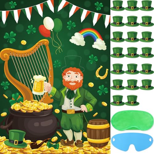 St. Patricks Partyspiele Pin The Hat on The Leprechaun St. Patricks Day Spiel für Kinder, Pin-Schwanz-Spiele, St. Patricks Day, Partyzubehör, großes St. Patricks-Poster mit 20 grünen Hut-Aufklebern von Hooqict