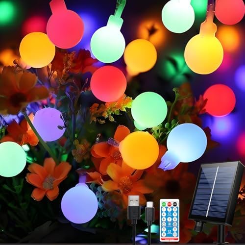 Hopelit Solar Lichterkette Aussen Kugeln 10M 100 LED, 8 Modi Lichterkette Außen mit Fernbedienung, Timer, Dimmbar Lichterkette Außen Solar Wasserdicht für Weihnachtsbaum, Balkon Deko, Bunt von Hopelit