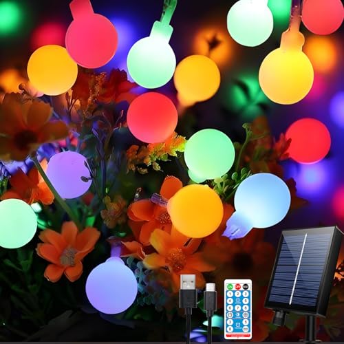 20m 200 LED Kugeln Solar Lichterkette Aussen Bunt, 8 Modi Lichterkette Außen Solar Wetterfest, Lichterkette Außen mit Fernbedienung und Timer, Dimmbar, für Weihnachtsbaum, Hochzeit, Party von Hopelit