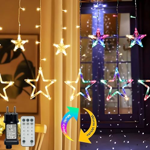 Hopelit Lichterkette, 2.3m 12er Sterne Lichtervorhang Dimmbar Warmweiß + Bunt mit Stecker und Fernbedienung 11 Modi, Memory-Funktion und Timer, Lichterkette Sterne Für Schlafzimmer, Vorhang etc von Hopelit