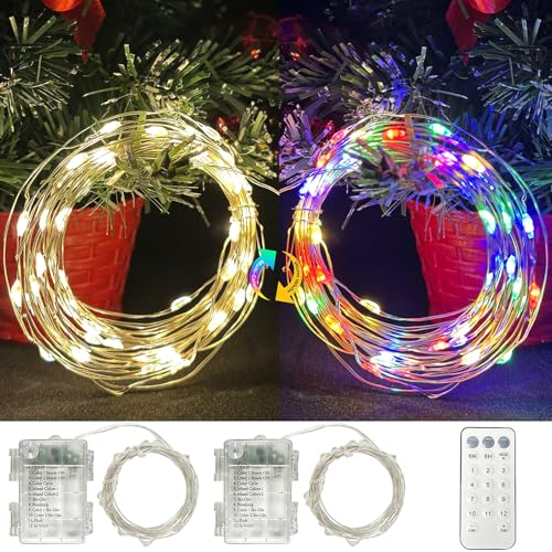 Hopelit Lichterkette Batterie 2stk 100LEDs 10m Warmweiß + Bunt, 12 Modi Dimmbar Lichterkette Außen Batterie mit Fernbedienung Timer, Micro Lichterkette Innen Silbernedraht für Weihnachtsbaum von Hopelit