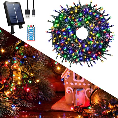 Hopelit Solar Lichterkette Aussen 10M 100 LED Bunt mit Fernbedienung und Timer, 8 Modi, Lichterkette Außen Solar für Gartendeko, Terrassen, Halloween, Weihnachtsbaum, Party, Etc von Hopelit