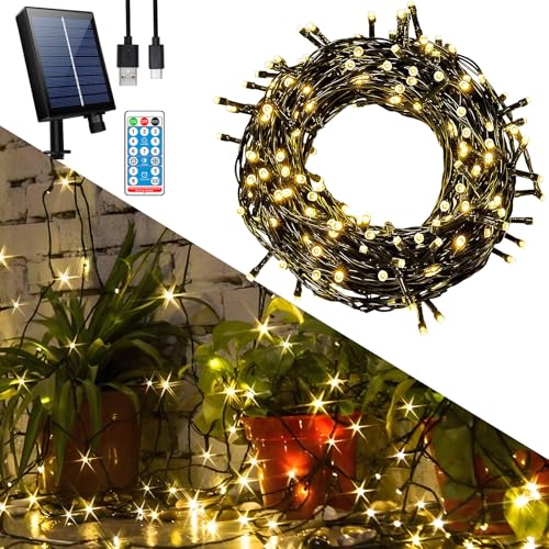 Hopelit Solar Lichterkette Aussen 10M 100 LED Warmweiß mit Fernbedienung und Timer, 8 Modi, Lichterkette Außen Solar für Gartendeko, Terrassen, Halloween, Weihnachtsbaum, Party, Etc von Hopelit