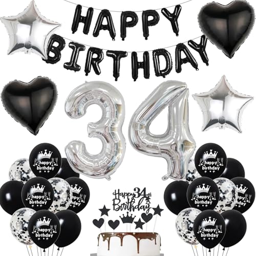 34. Geburtstag deko mann Schwarz 34 jahre Geburtstagsdeko mann set, Folienballon 34 Happy Birthday banner Konfetti Luftballons 34 Geburtstag Dekoration mann Schwarz Geburtstag deko männer 34 Jahre von Hopewey