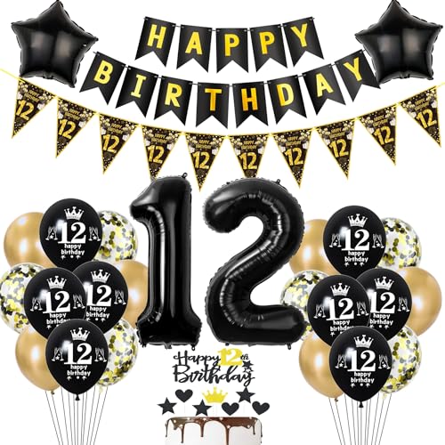 Deko 12. Geburtstag Jungen Mädchen Tortendeko 12 Geburtstag Mädchen Party Deko Schwarz Gold Luftballons 12 Geburtstag Jungen deko Geburtstagsdeko 12 jahre Jungen Ballon 12 Geburtstag Mädchen deko von Hopewey