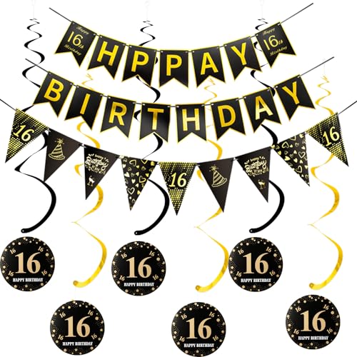 Happy 16th Birthday Banner +Dreiecksflaggen Happy Birthday Girlanden+ 16 Geburtstag Hängedeko Spiralen Set, Schwarz Gold 16.Geburtstag deko für Mädchen Junge,16. Geburtstag Hängedeko Deckenhänger von Hopewey