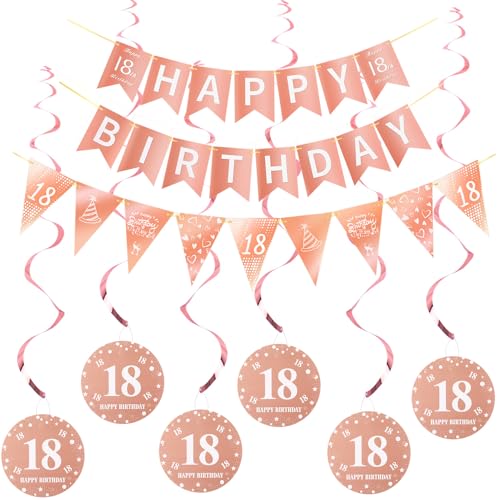 Happy 18th Birthday Banner +Dreiecksflaggen Happy Birthday Girlanden+ 18 Geburtstag Hängedeko Spiralen Set, Rosegold 18.Geburtstag deko für Mädchen ,18. Geburtstag Mädchen Hängedeko Deckenhänger von Hopewey