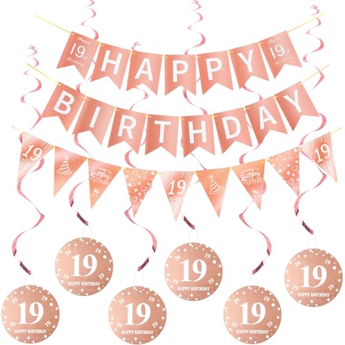 Happy 19th Birthday Banner +Dreiecksflaggen Happy Birthday Girlanden+ 19 Geburtstag Hängedeko Spiralen Set, Rosegold 19.Geburtstag deko für Mädchen,19. Geburtstag Mädchen Hängedeko Deckenhänger von Hopewey