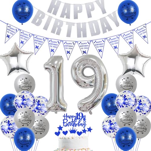 Hopewey Deko 19. Geburtstag Junge Mädchen Dekoration silber blau Tortendeko 19. Geburtstag Luftballons 19 Geburtstag Deko Junge 19. Geburtstag Junge Ballon Geburtstagsdeko 19 Jahre Junge silber von Hopewey