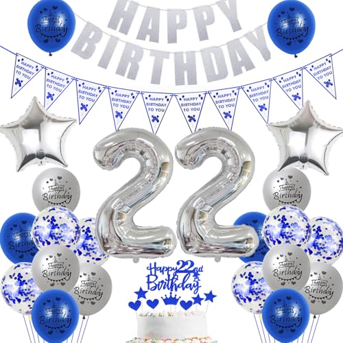 Hopewey Deko 22. Geburtstag Frauen Mann Dekoration silber blau Tortendeko 22. Geburtstag Mann Luftballons 22 Geburtstag deko 22. Geburtstag Männer Ballon blau Geburtstagsdeko 22 Jahre Mann silber von Hopewey