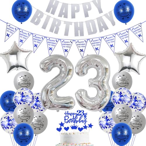 Hopewey Deko 23. Geburtstag Frauen Mann Dekoration silber blau Tortendeko 23. Geburtstag Mann Luftballons 23 Geburtstag deko 23. Geburtstag Männer Ballon blau Geburtstagsdeko 23 Jahre Mann silber von Hopewey