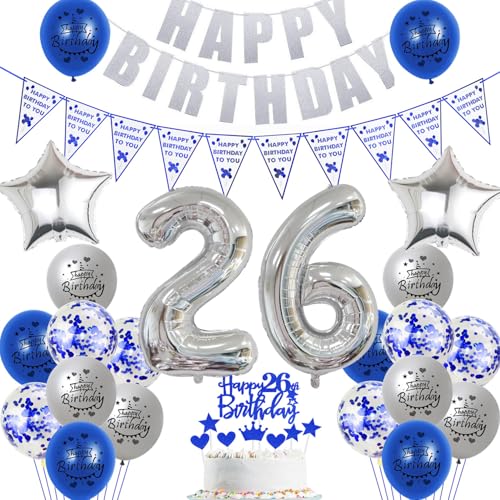 Hopewey Deko 26. Geburtstag Frauen Mann Dekoration silber blau Tortendeko 26. Geburtstag Mann Luftballons 26 Geburtstag deko 26. Geburtstag Männer Ballon blau Geburtstagsdeko 26 Jahre Mann silber von Hopewey