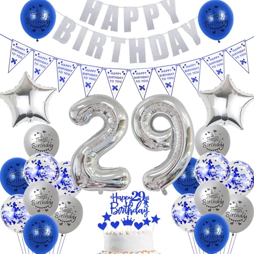 Hopewey Deko 29. Geburtstag Frauen Mann Dekoration silber blau Tortendeko 29. Geburtstag Mann Luftballons 29 Geburtstag deko 29. Geburtstag Männer Ballon blau Geburtstagsdeko 29 Jahre Mann silber von Hopewey