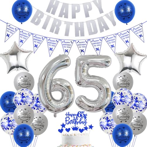 Hopewey Deko 65. Geburtstag Frauen Mann Dekoration silber blau Tortendeko 65. Geburtstag Mann Luftballons 65 Geburtstag deko 65. Geburtstag Männer Ballon blau Geburtstagsdeko 65 Jahre Mann silber von Hopewey