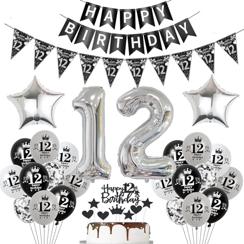 Luftballon 12. Geburtstag Dekoration Schwarz Tortendeko 12. Geburtstag Mädchen Junge Geburtstagsdeko 12 Jahre Junge Mädchen Schwarz Folienballon 12 Geburtstag Junge Ballon 12 Geburtstags Mädchen von Hopewey