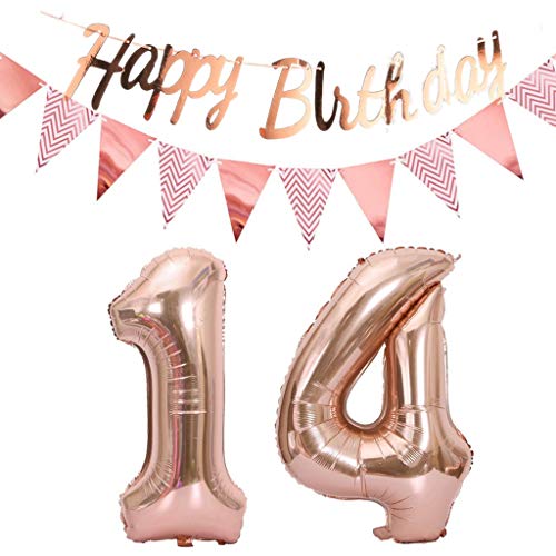 Luftballons 14.geburtstag deko rosegold+Happy Birthday Girlande +Wimpelkette 40"Zahlen Ballon 14 Luftballons 14 Jahre Geburtstag Dekoration Mädchen Geburtstagdeko14 Geburtstag deko rosegold set(14) von Hopewey