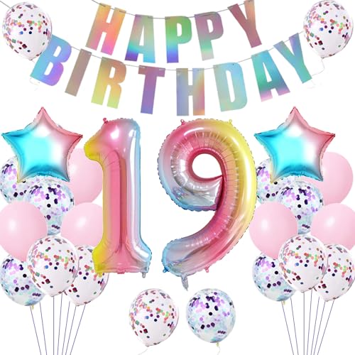 Luftballons 19 Geburtstag mädchen Dekoration bunt, deko 19. Geburtstag mädchen ballon rosa , Happy Birthday Girlande Banner rosa Geburtstagsdeko 19 jahre mädchen 19 .geburtstag deko mädchen Frauen von Hopewey