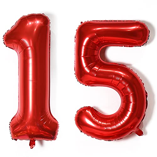 Luftballons Zahl 15, Zahl ballon 15 rot Luftballons 15. Geburtstag deko Mädchen Folienballon 15 Zahlballons 15 rot XXXL 40" Riese Aufblasbar Helium Ballon 15 jahre Geburtstag Deko Mädchen rot (15) von Hopewey