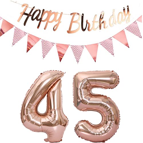 Luftballons 45.geburtstag deko frauen rosegold+Happy Birthday Girlande +Wimpelkette 40"Zahlen Ballon 45 Luftballons 45 Jahre Geburtstag Dekoration frau Geburtstagdeko 45 Geburtstag deko rosegold(45) von Hopewey