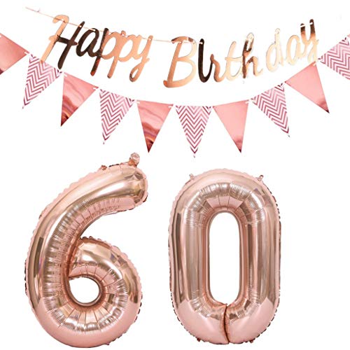 Luftballons 60.geburtstag deko frauen rosegold+Happy Birthday Girlande +Wimpelkette 40"Zahlen Ballon 60 Luftballons 60 Jahre Geburtstag Dekoration frau Geburtstagdeko 60 Geburtstag deko rosegold(60) von Hopewey