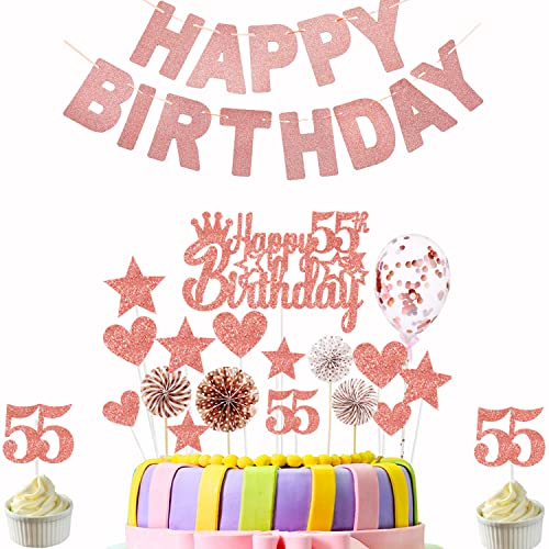 Tortendeko 55 geburtstag frau rosegold + banner happy birthday 55 tortendekoration 55 kuchendeko 55.geburtstag frauen Rosegold kuchen deko 55 geburtstag frauen Torten topper 55 jahre frau von Hopewey