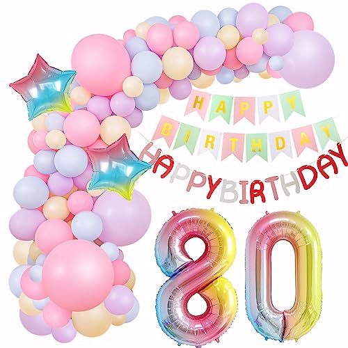 ballon girlande 80. Geburtstag Deko Macaron Rosa Lila Blau Gelb Luftballons girlande 80 .Geburtstag Frauen deko 80 Jahre Geburtstagdeko Happy Birthday Girlande bunt Deko 80. Geburtstag Frau von Hopewey