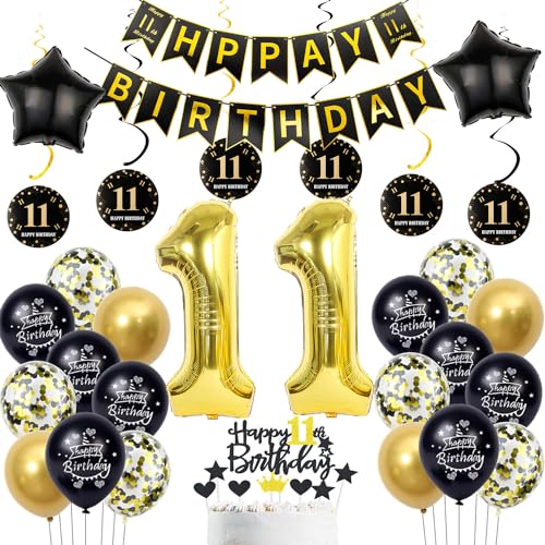 deko 11. geburtstag Jungen mädchen,schwarz gold luftballon 11. geburtstag deko Junge ,gold Tortendeko 11. geburtstag Happy Birthday girlande banner gold geburtstagsdeko 11 jahre Junge ballon von Hopewey