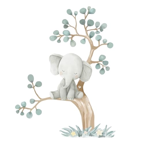 Hoppla - Wandtattoo für Kinder, XL, kleiner Elefant auf seinem Baum, 86 x 66 cm, Babyzimmer, wiederverwendbar, Elefant, Baum von Hoppla