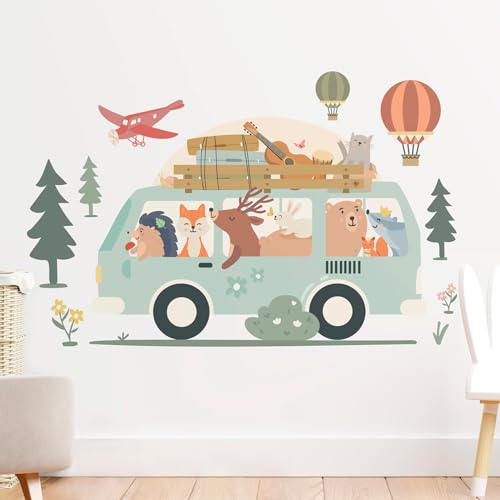 Hoppla - Wandtattoo für Kinder XL – Vanlife – 145 x 90 cm – Dekoration für Kinderzimmer, Tiere – repositionierbarer Wandaufkleber, selbstklebend, für Kinderzimmer, skandinavische Dekoration von Hoppla