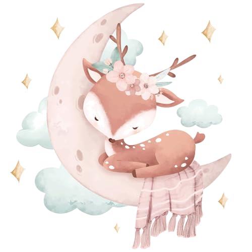 Hoppla - XL Wandtattoo für Kinderzimmer - Wandaufkleber - Babyhirsch auf dem Mond - 70x63cm - Babyzimmerdekoration - Wiederverwendbarer Wandsticker, Aufkleber, Kinderzimmersticker, Mädchenzimmer von Hoppla