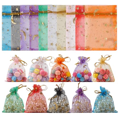 100 Stück Organzasäckchen Weihnachten, Säckchen zum Befüllen, Mond & Sternmotiven Geschenksäckchen, Geschenktüten Klein, Geschenkbeutel, Schmucksäckchen für Weihnachtsgeschenke, Festivals -7X9cm von Hopton