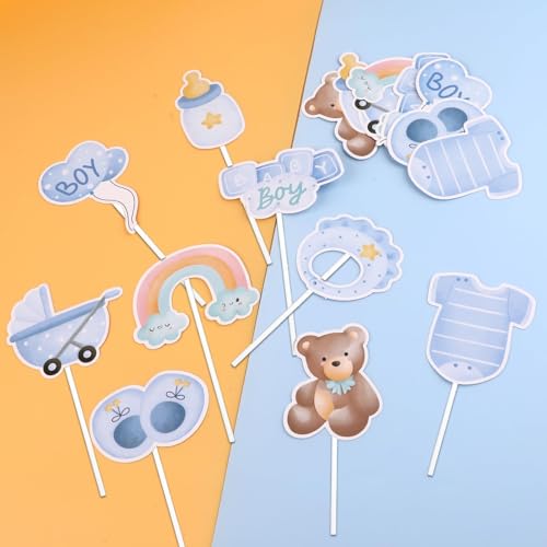 18 Stück Babyparty Tortendeko, Blue Baby Cupcake Topper für Babyparty Deko Junge, Cake Topper für Baby Shower Deco Tortendeko Taufe Junge Birthday Gender Reveal Party von Hopton