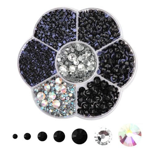 3000PCS Hotfix Strasssteine, Schwarz Strasssteine für Textilien, Kristall zum Basteln, Kristallsteine zum Kleben 7 Größen 2mm-8.6mm Rhinestones für Kleidung Schuhe DIY Handwerk(Schwarz) von Hopton