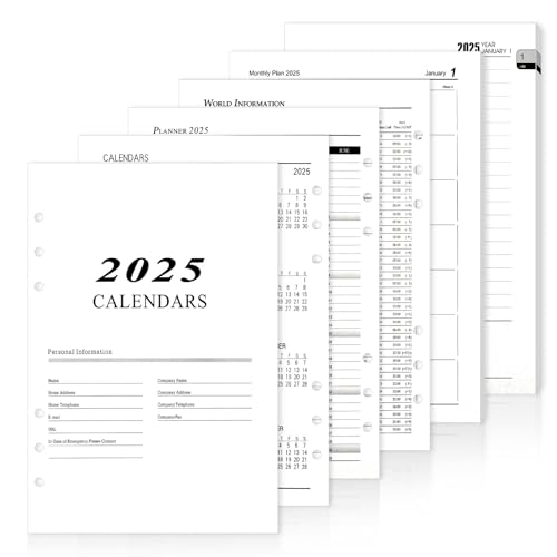 A5 Planer Einlagen, 2025 Tagebuch A5 Seite pro Tag, 365 Tage Notizbuch Nachfüllpackung, 6 Löcher Tagebucheinlagen 2025 mit Kontaktseiten und Notizen für nachfüllbaren A5 Binder von Hopton