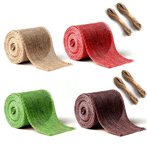 Dekoband Weihnachten, Bunt Juteband Breit 6cm, 3m/Roll Sackleinen Band Geschenkband, Weihnachten Juteband mit Juteseil für Floristen, Haushalt & Hobby (Natur, Rot, Grün, Braun) von Hopton