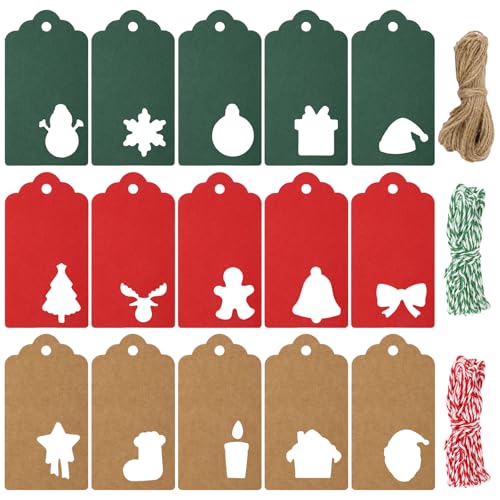 Geschenkanhänger Weihnachten, 150 Stück Etiketten Zum Beschriften, Anhänger Weihnachten mit Schnur, Etiketten Weihnachten, Kraftpapier Anhänger, Geschenk Anhänger für DIY Weihnachtsbäume Deko von Hopton